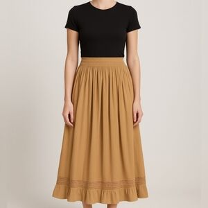 Vintage 90s OBR Long Pleated Lace Trim Brown SKIRT Ladies Sz L Rayon